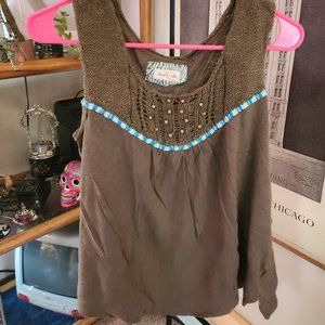 Anthropologie olive beaded tank with contrast teal stitching, L by Meadow Rue